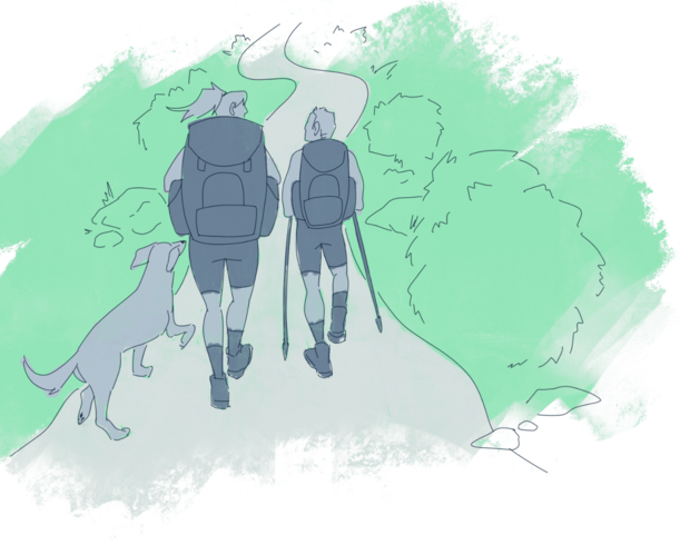 Illustration of two people hiking with dog